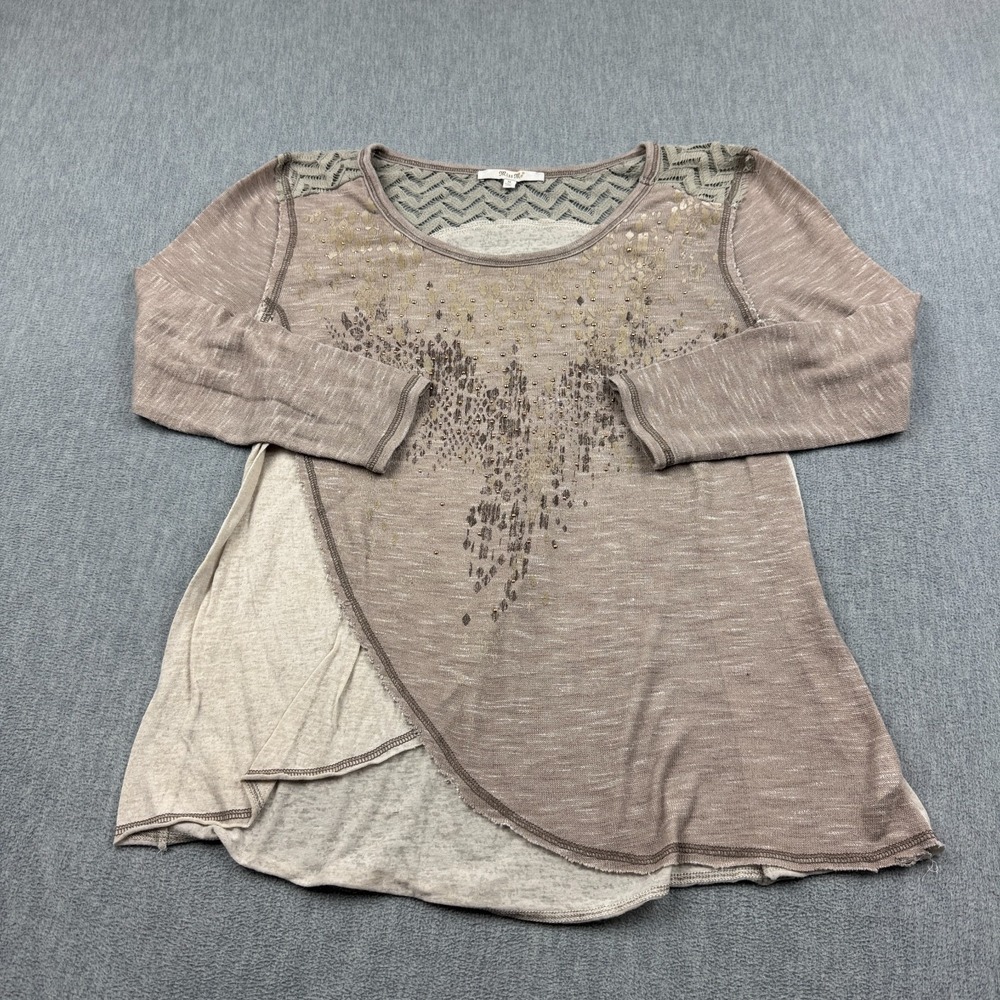 Miss Me Blouse Womens Medium Brown Embellished 3/4 Sleeve Boho Scoop Neck